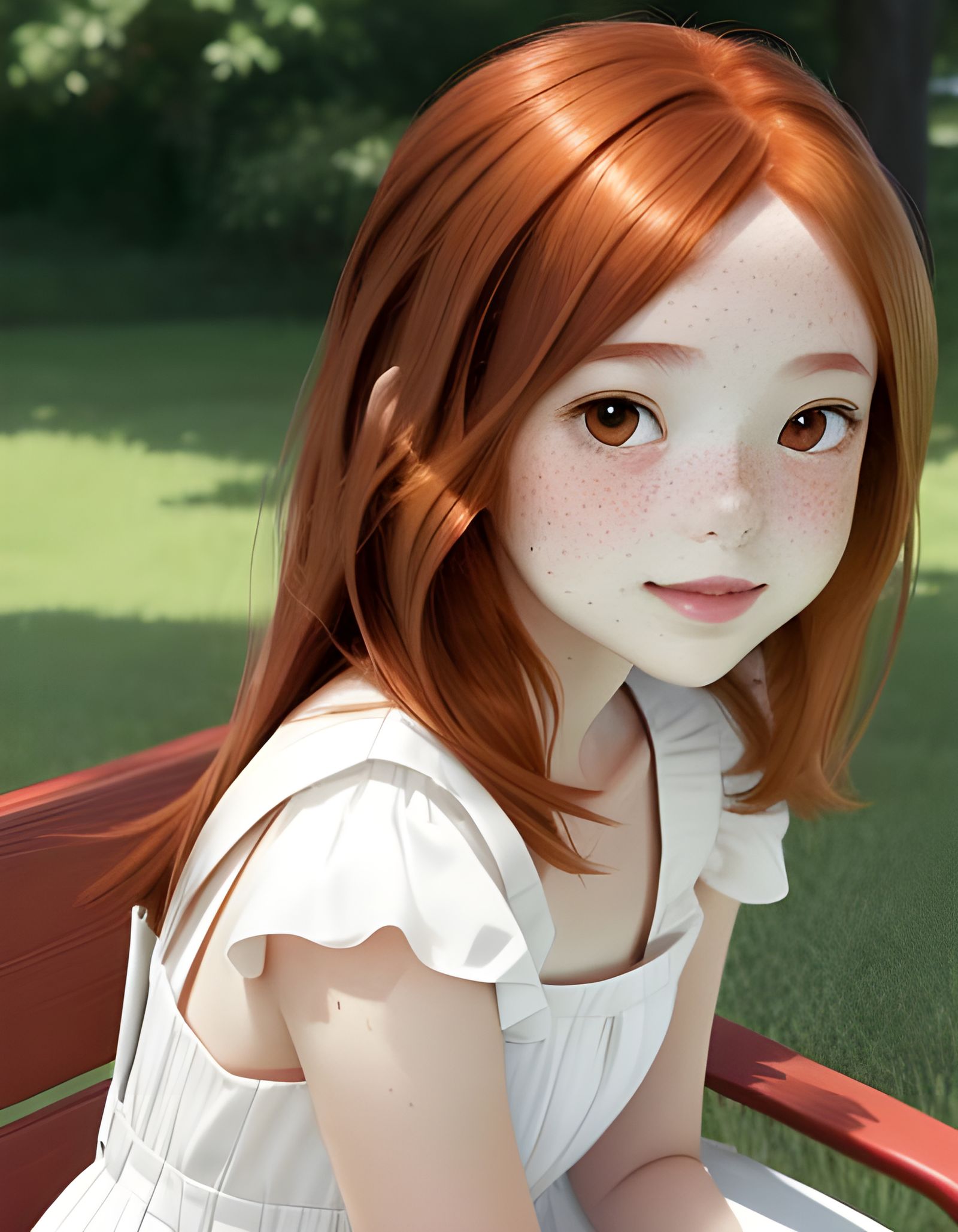 Auburn-Haired Girl on Park Bench, Anime Style