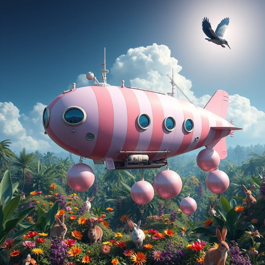 Whimsical Pink Airship Over Tropical Habitat