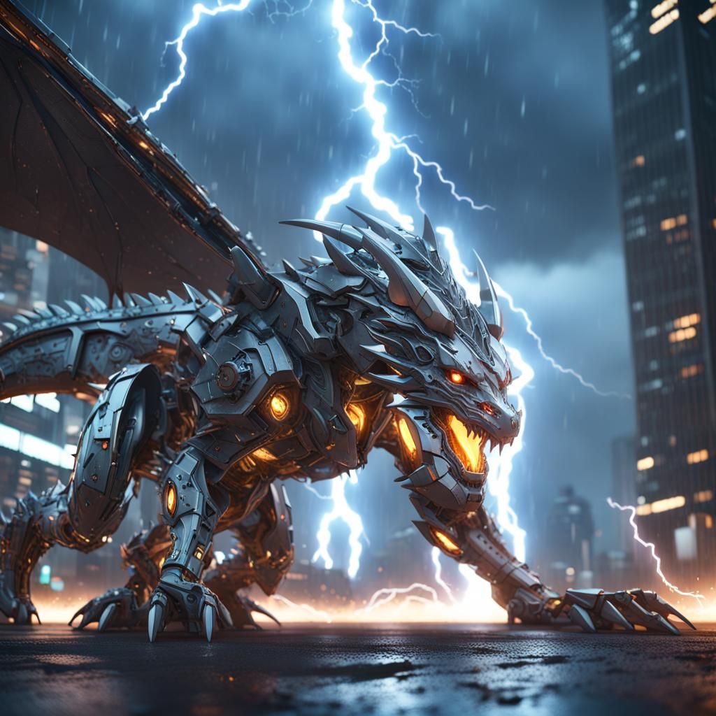 Futuristic Lightning Dragon in Sci-Fi Cityscape