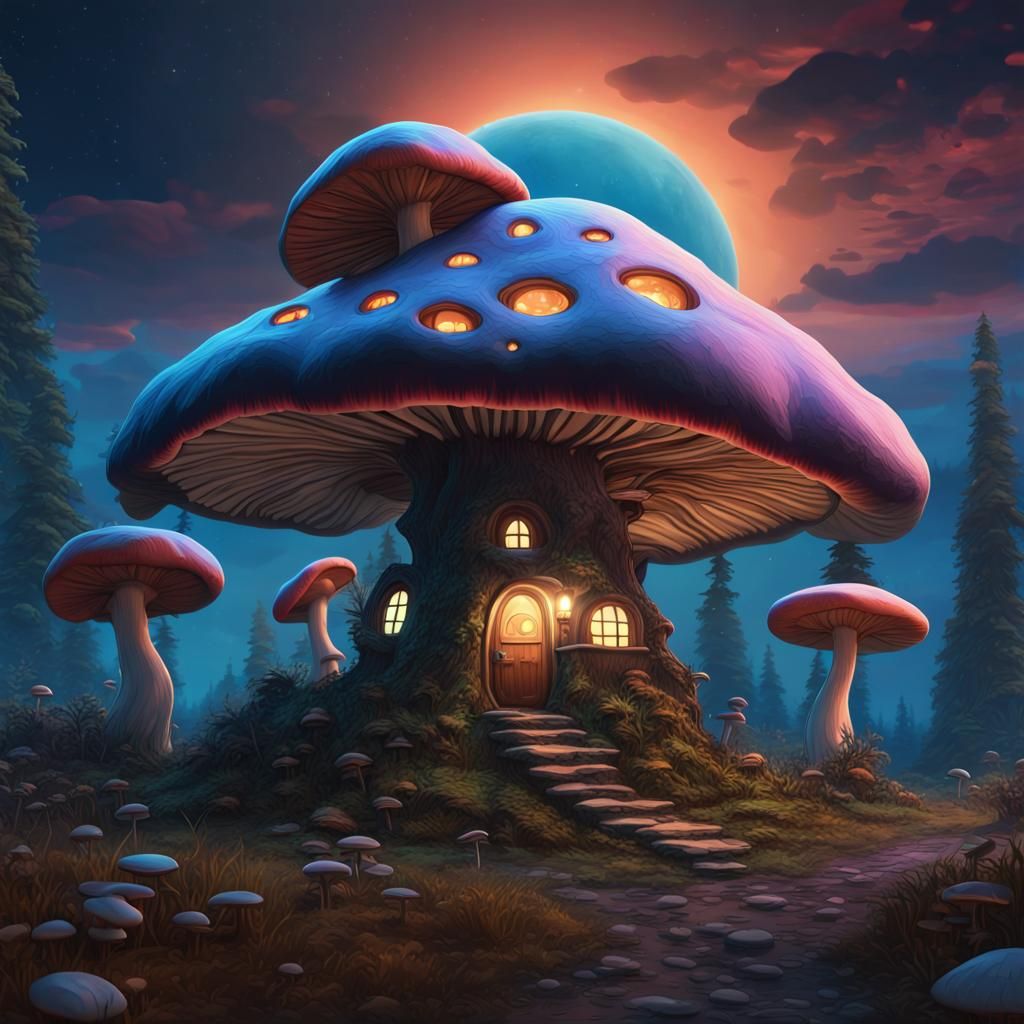 Mushroom House Fantasy Art with Fishing Cat