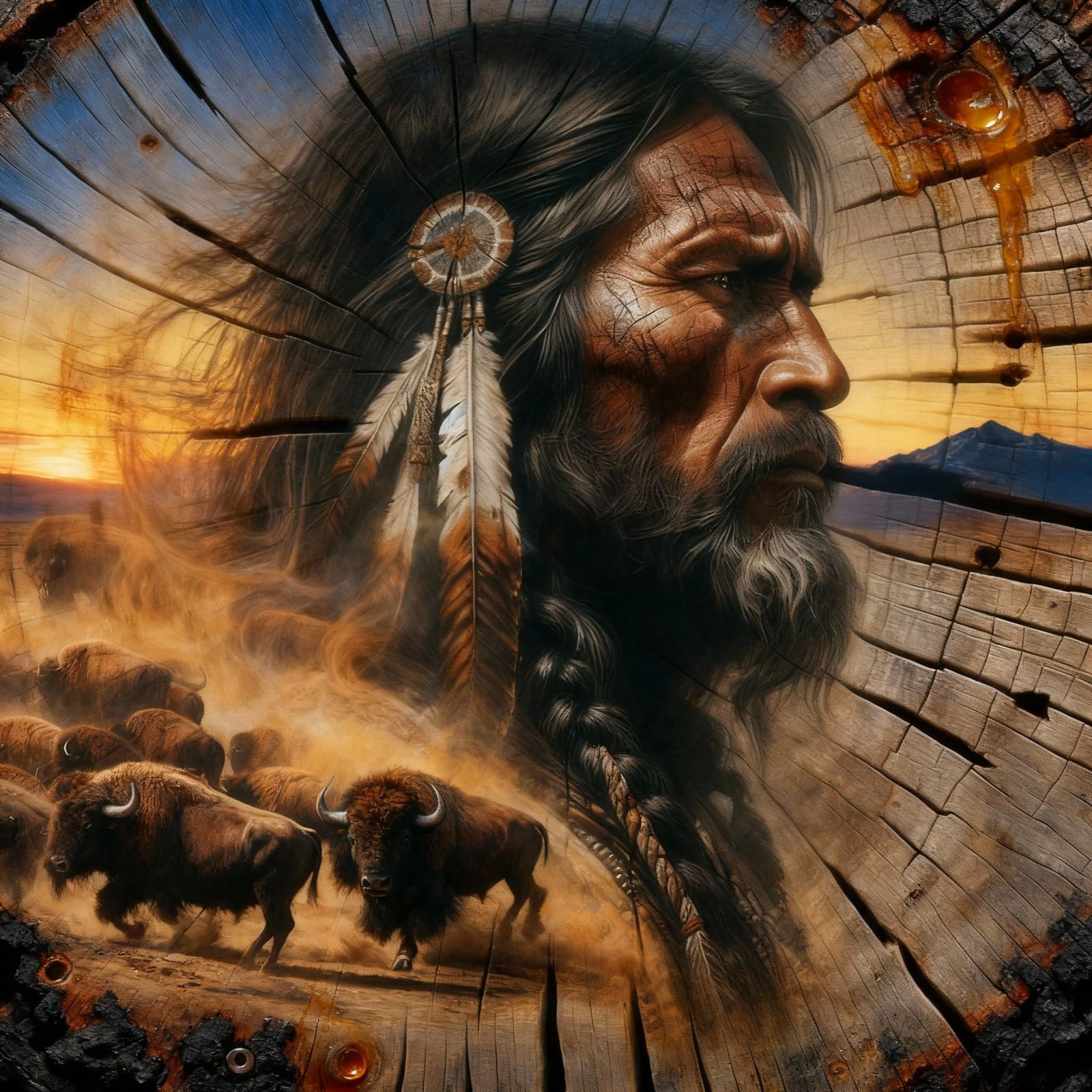 Stoic Warrior Portrait Etched on Ancient Wood