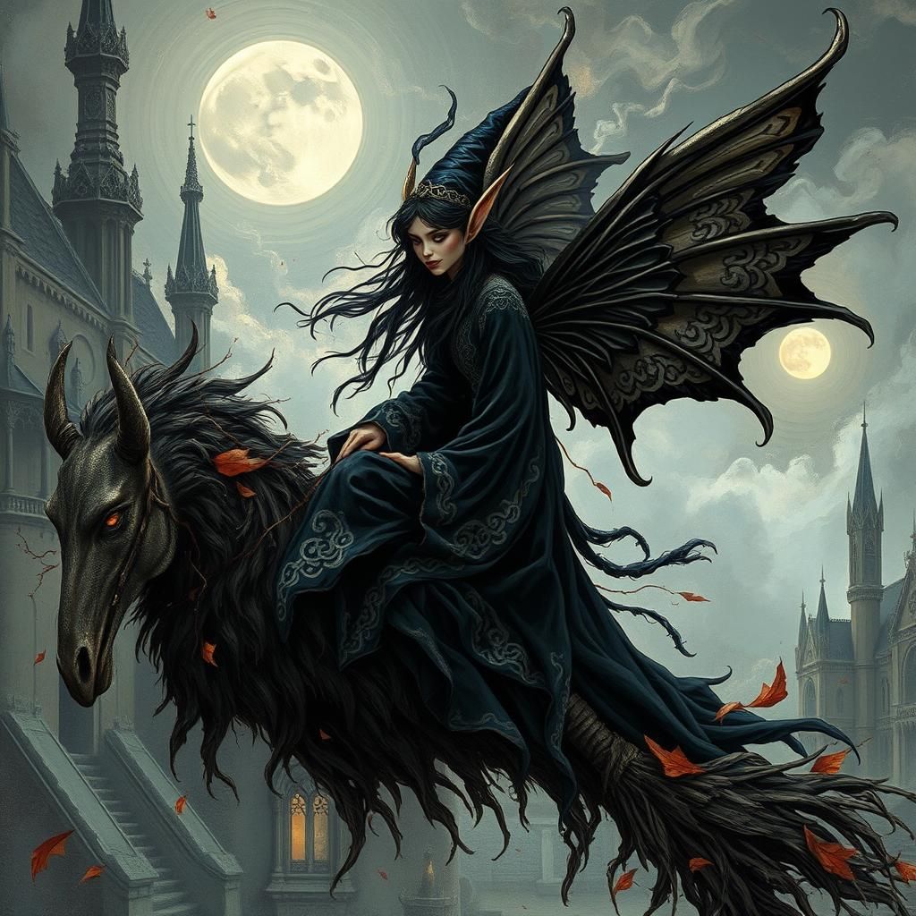 Ethereal Elf Witch with Glowing Wings in Gothic Cityscape
