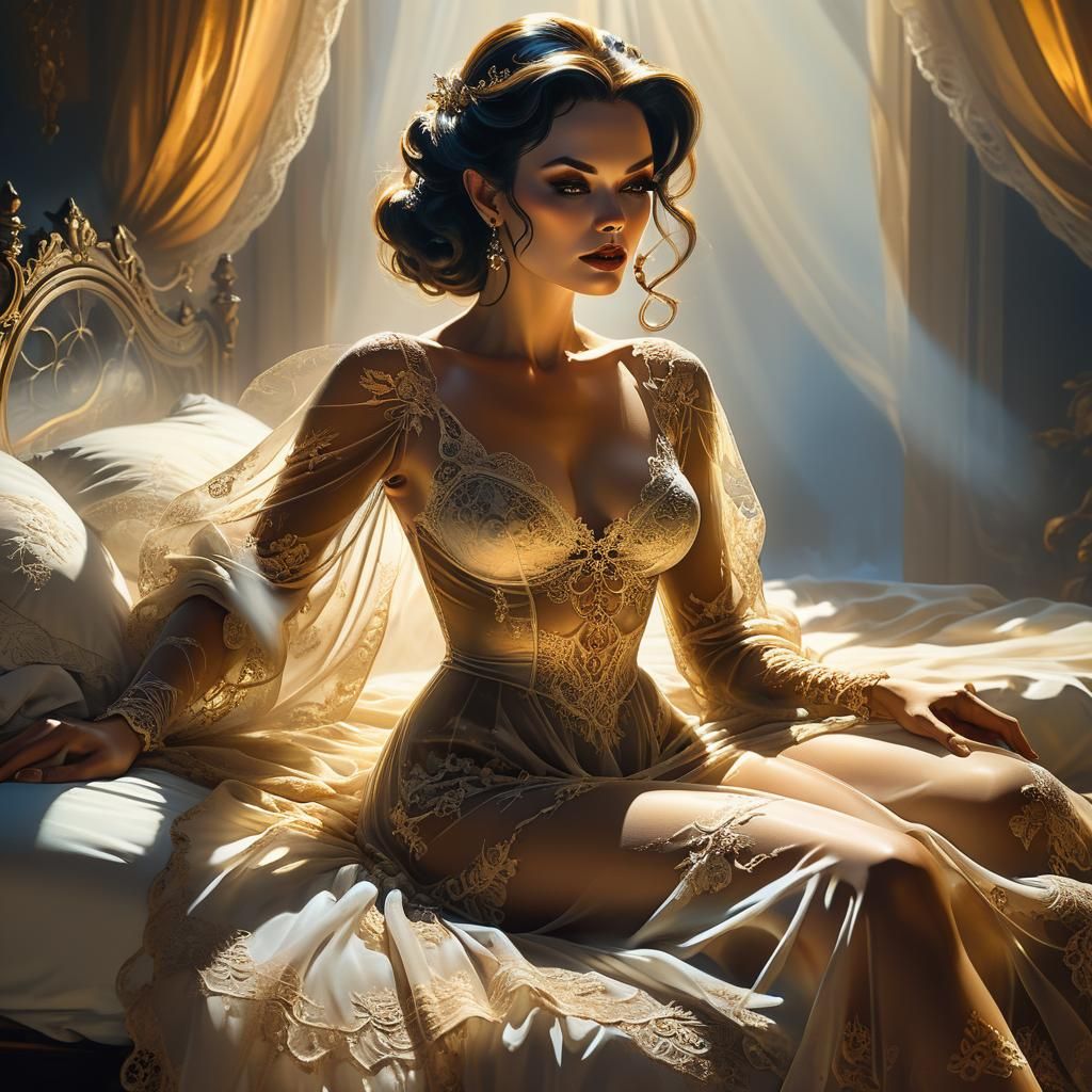 Seductive Woman in See-Through Dress Fantasy Art