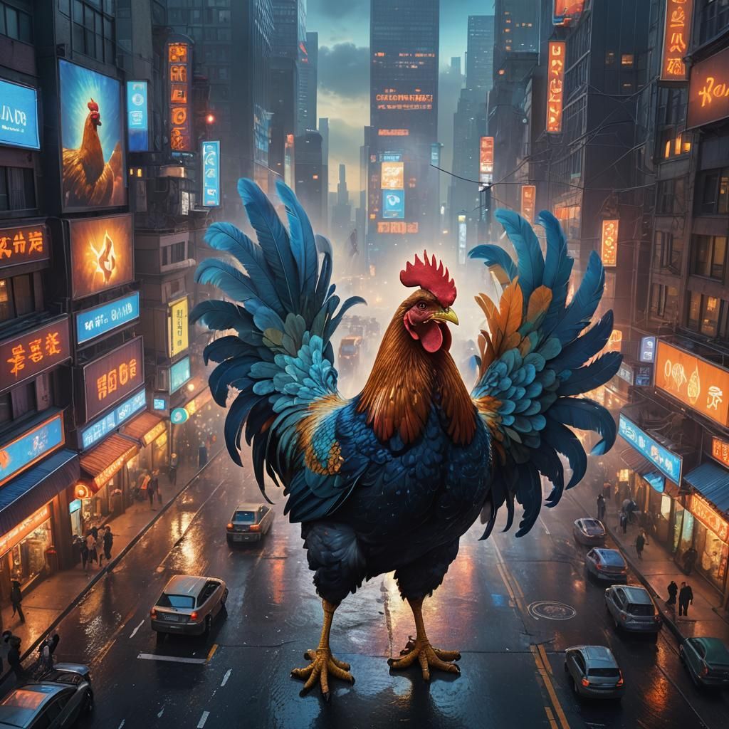 Giant Chicken in Futuristic Metropolis: Photorealistic Art