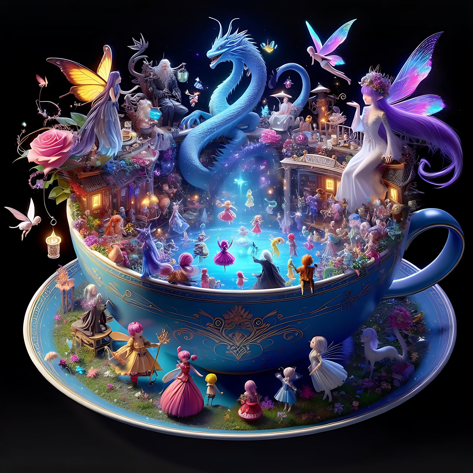 Miniature Teacup World with Dragon in Chibi Style