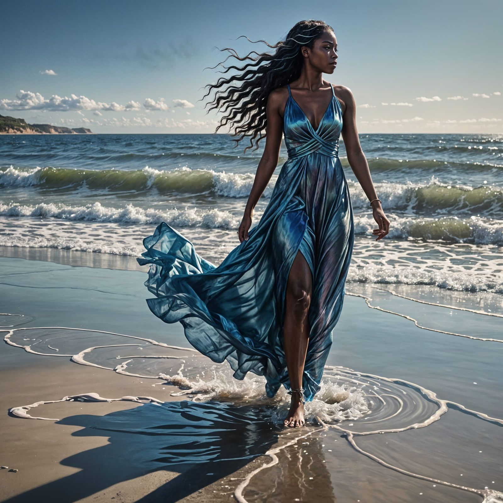 Ebony Woman on Sunny Beach: Charcoal Sketch