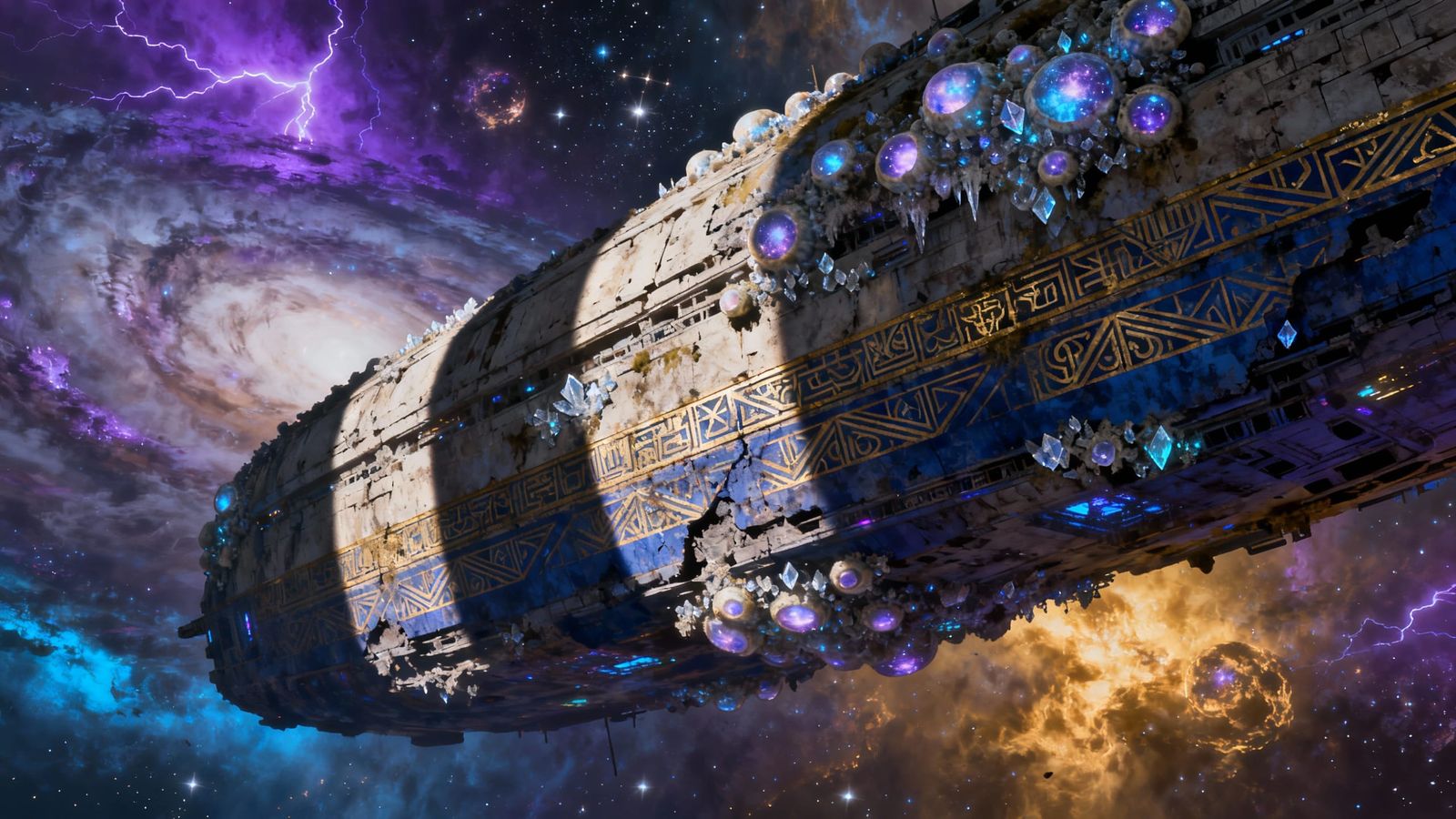 Ancient Cosmic Spaceship in Nebula Matte Painting Style