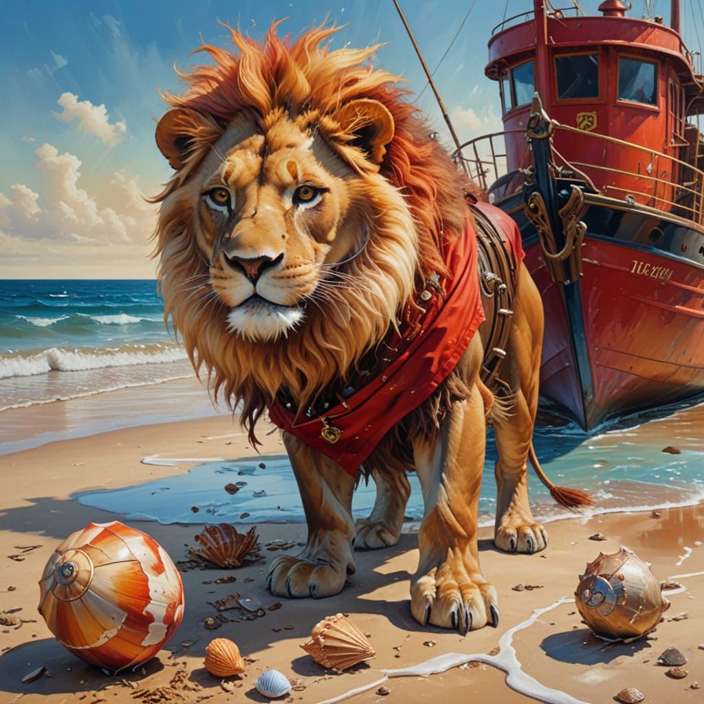 Steampunk Lion in Red Dress on Beach