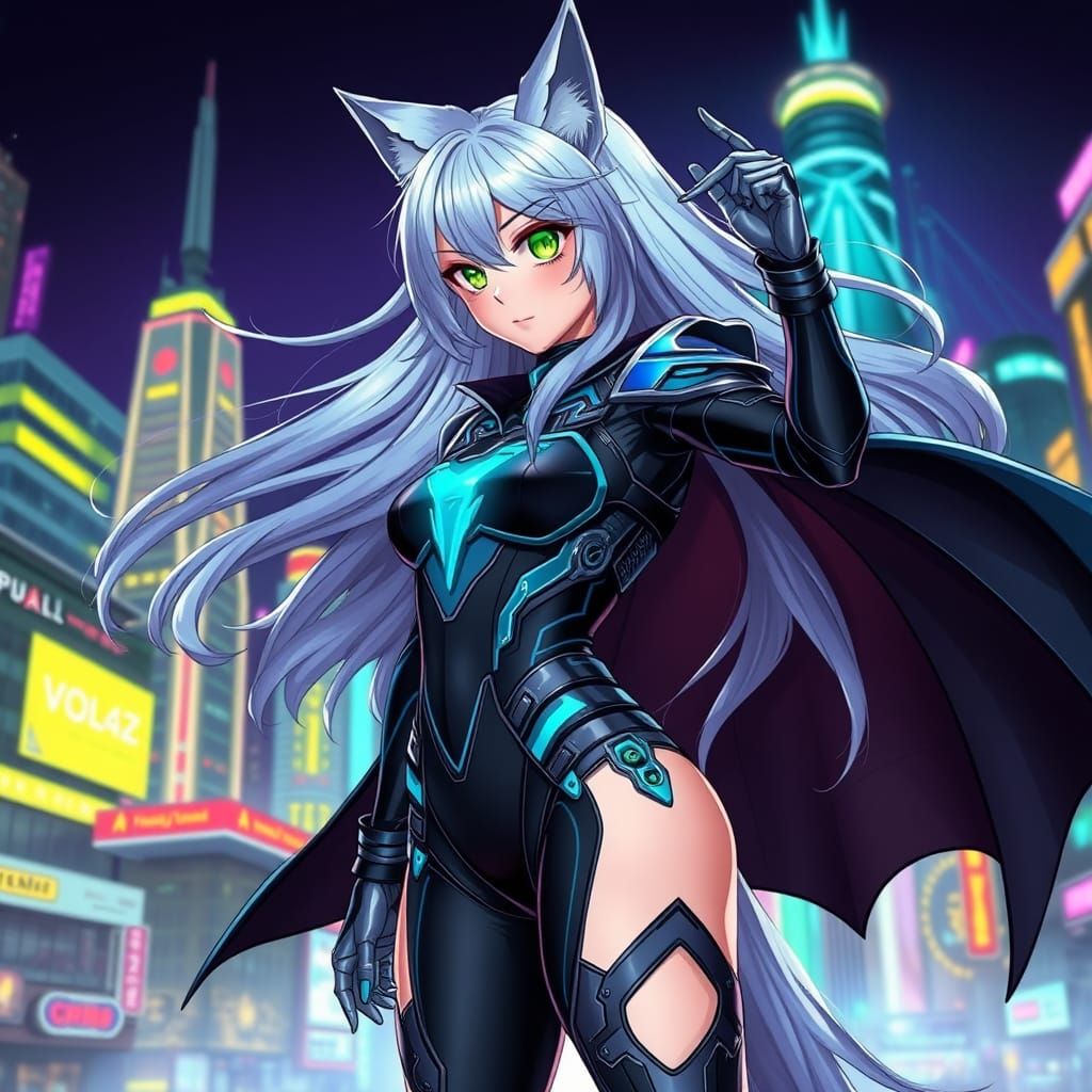 Cyberpunk Wolf Mage in Futuristic Neon City