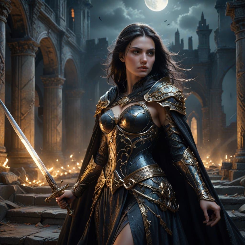 Warrior Woman in Dark Fantasy Oil Painting