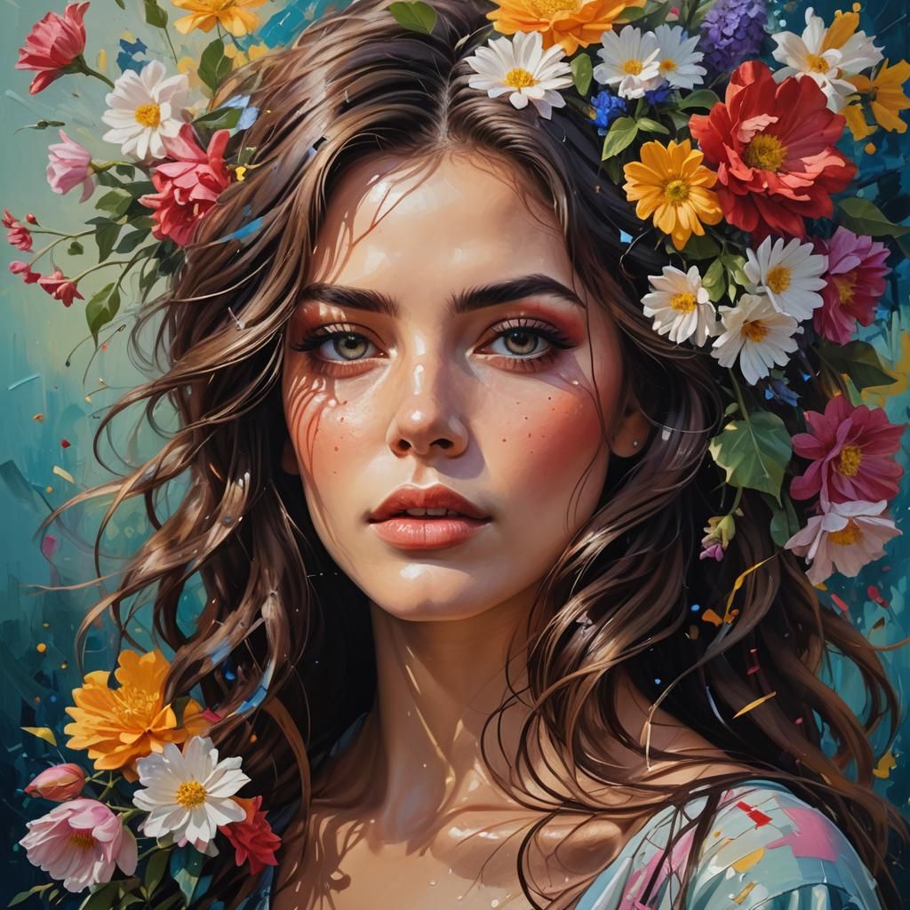 Beautiful Woman with Flowers: Hyperrealistic Oil Painting