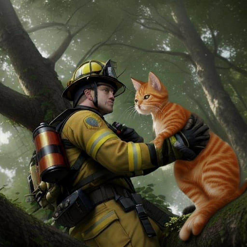 Firefighter Rescues Kitten From Tree