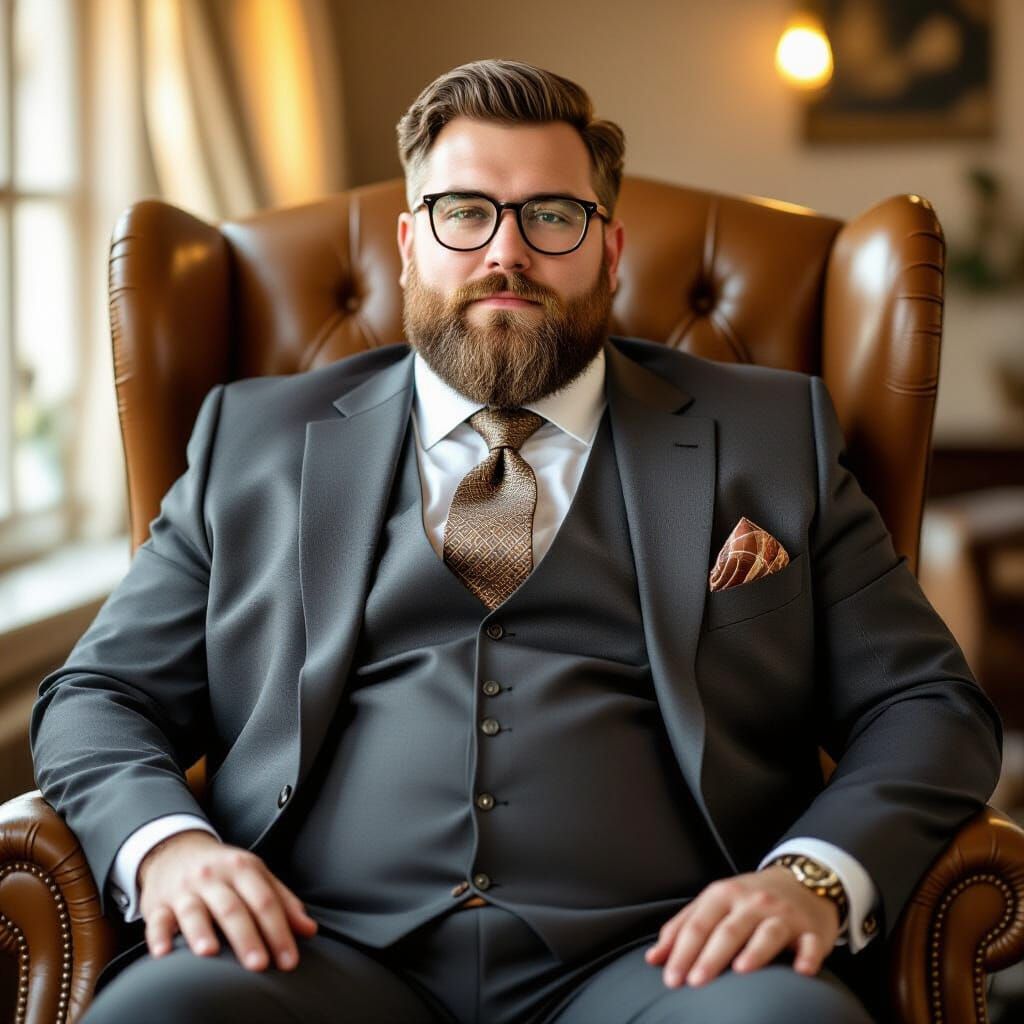 Confident Man in Suit with Large Belly