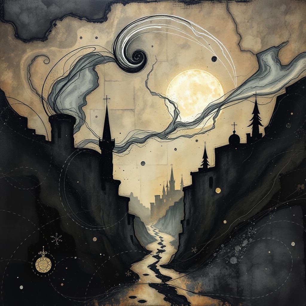 Serene Medieval Landscape in Charcoal and Sepia Tones