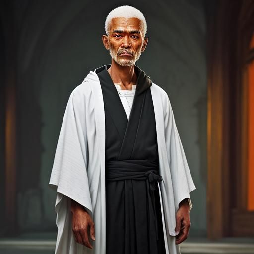Hyperrealistic Monk in White Robes with Orange Accents