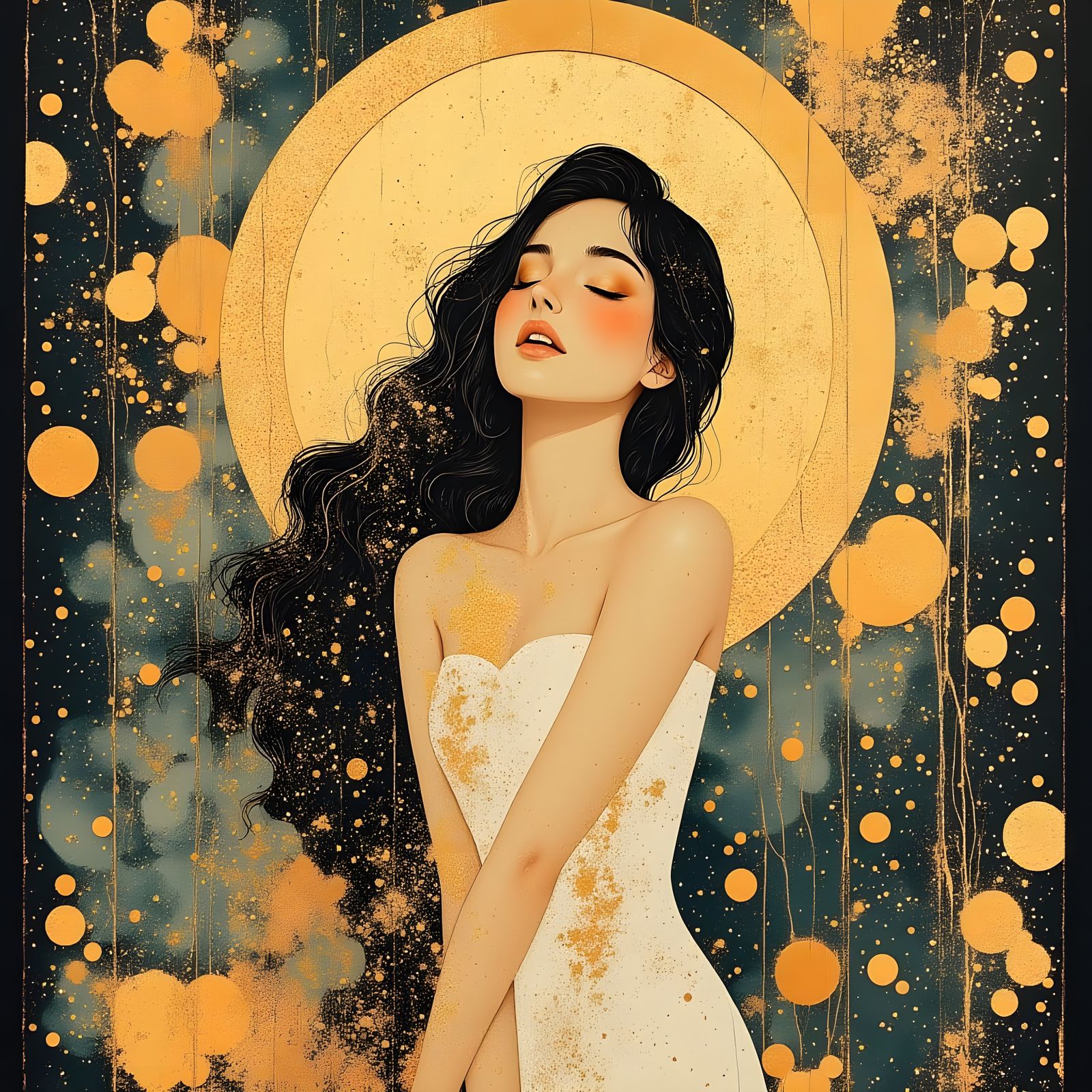 Hispanic Woman in Art Nouveau Gown in Ethereal Garden