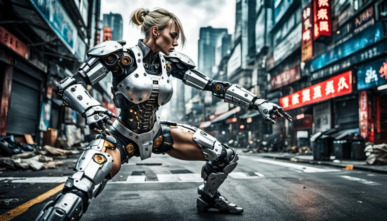 Cyberpunk Cyborg Wushu Master in Street Fight