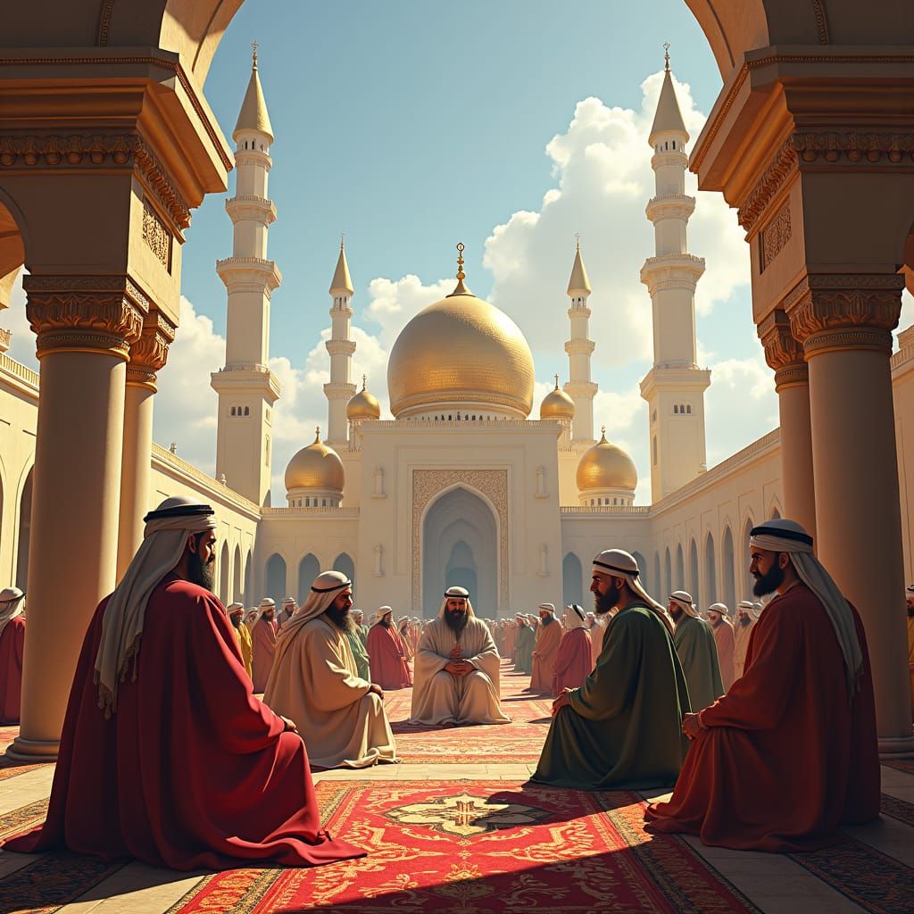 Rashidun Caliphs Gather in Grand Ornate Hall