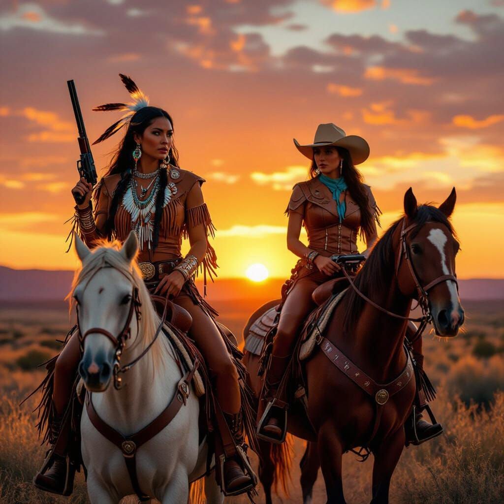 Western Sunset: Native American Woman and Cowgirl
