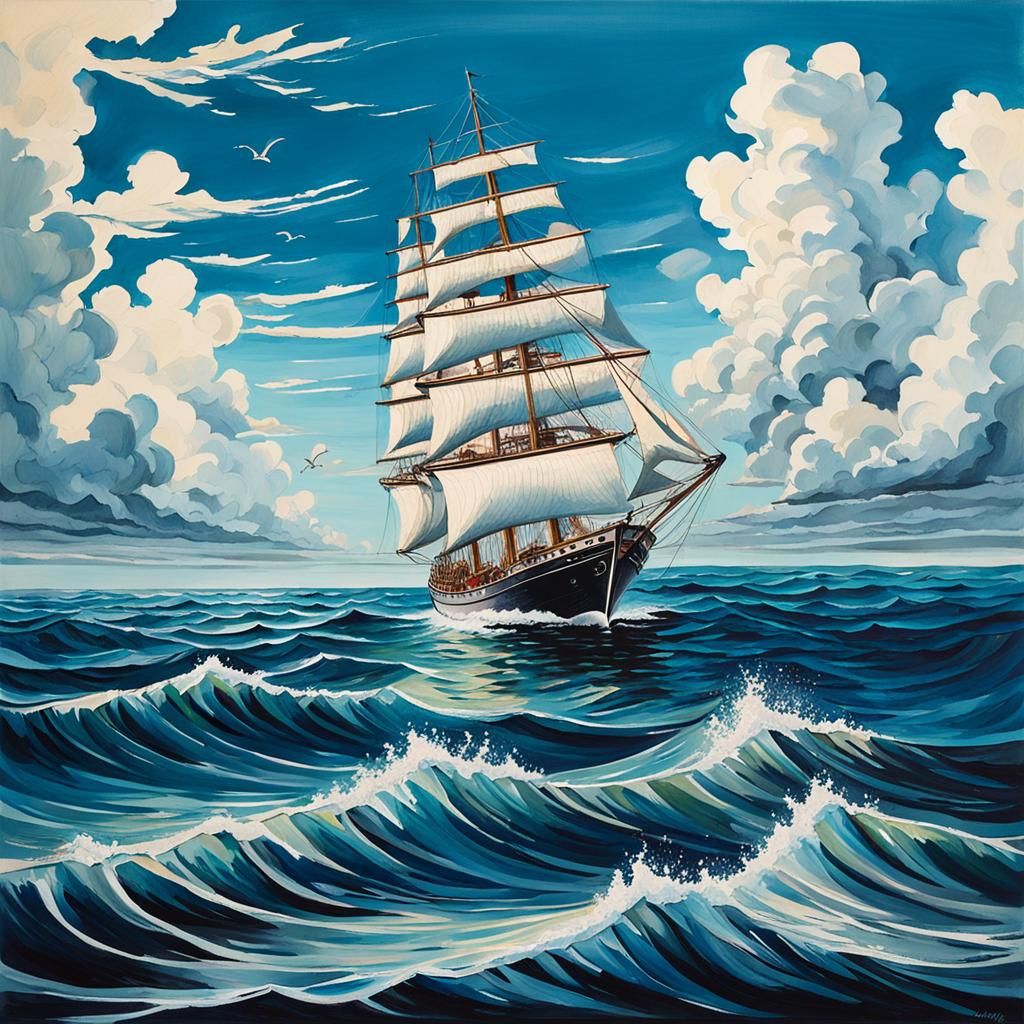 Romantic Gouache Painting of Two Ships Sailing