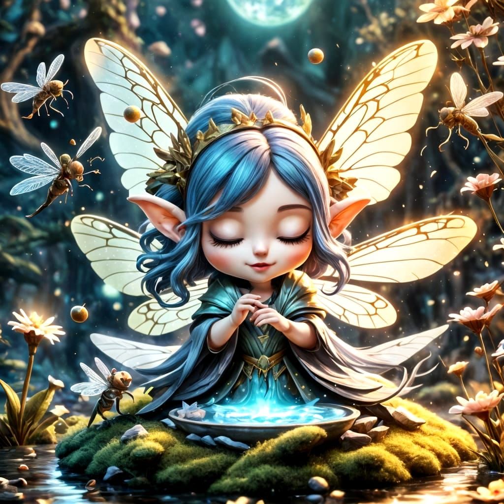 Chibi Fairy with Dragonfly Wings, Magical Matte Painting