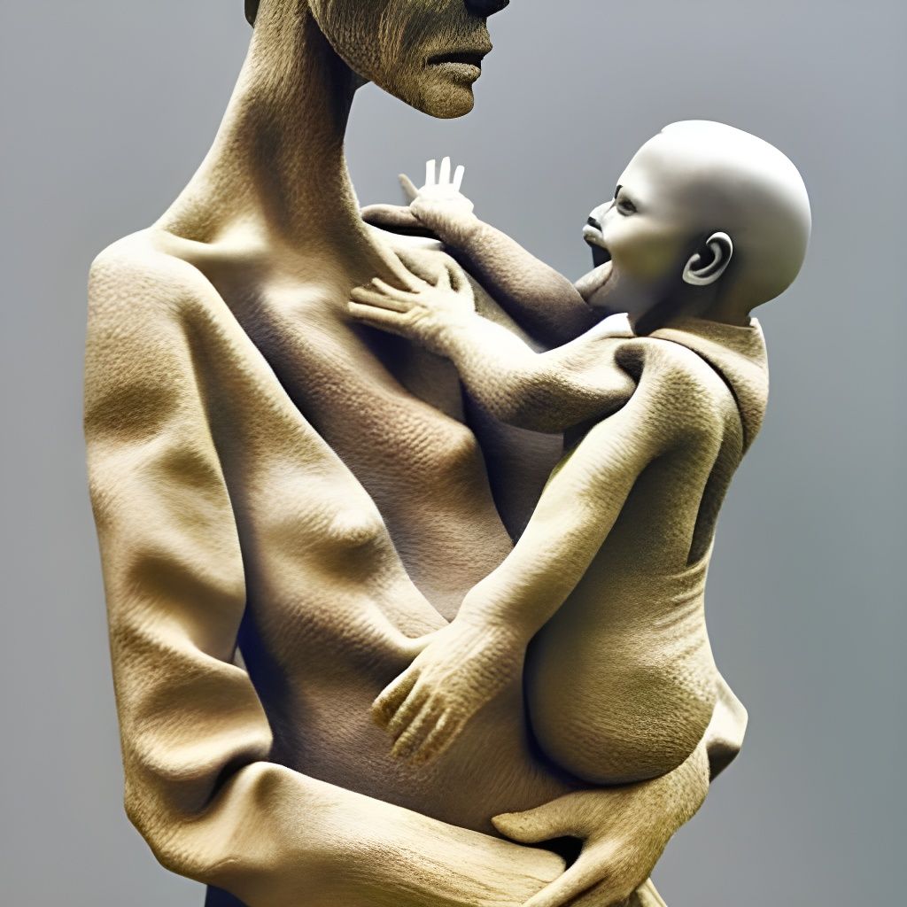 Intricate Sculpture: Woman Holding Three-Armed Boy