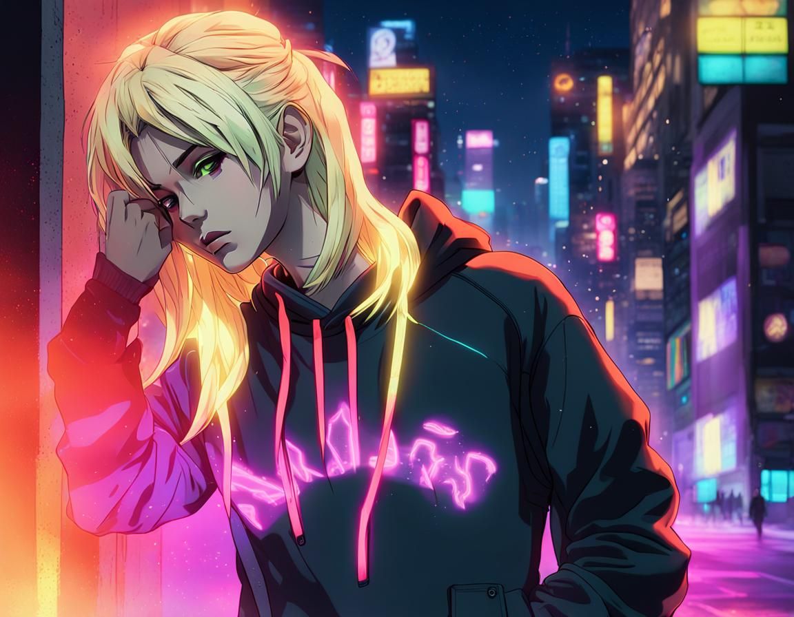 Anime Girl in Hoodie with Neon Graffiti