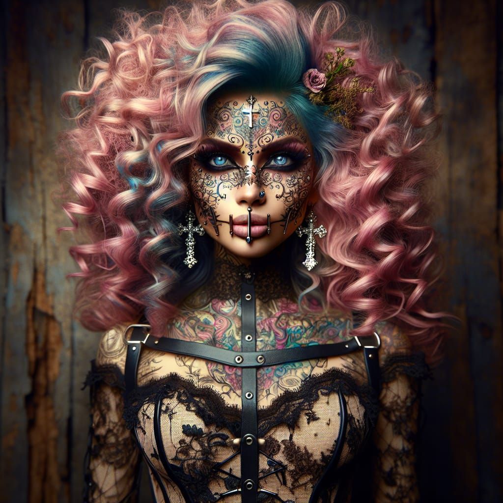A fierce Gothic enchantress with a pesto, pink and blue curls, floral face, art, and piercing eyes. She wears a corset l...