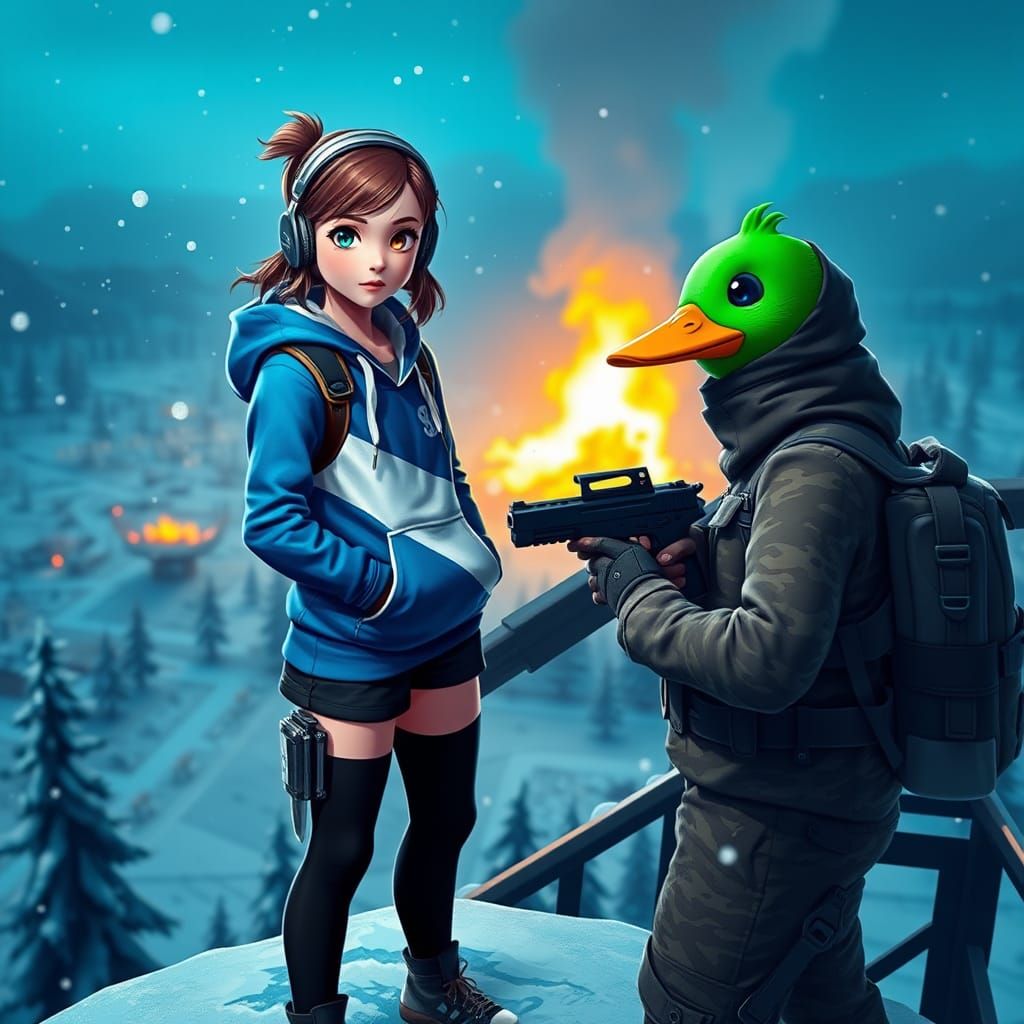 Girl on Watchtower in Battle Royale Landscape