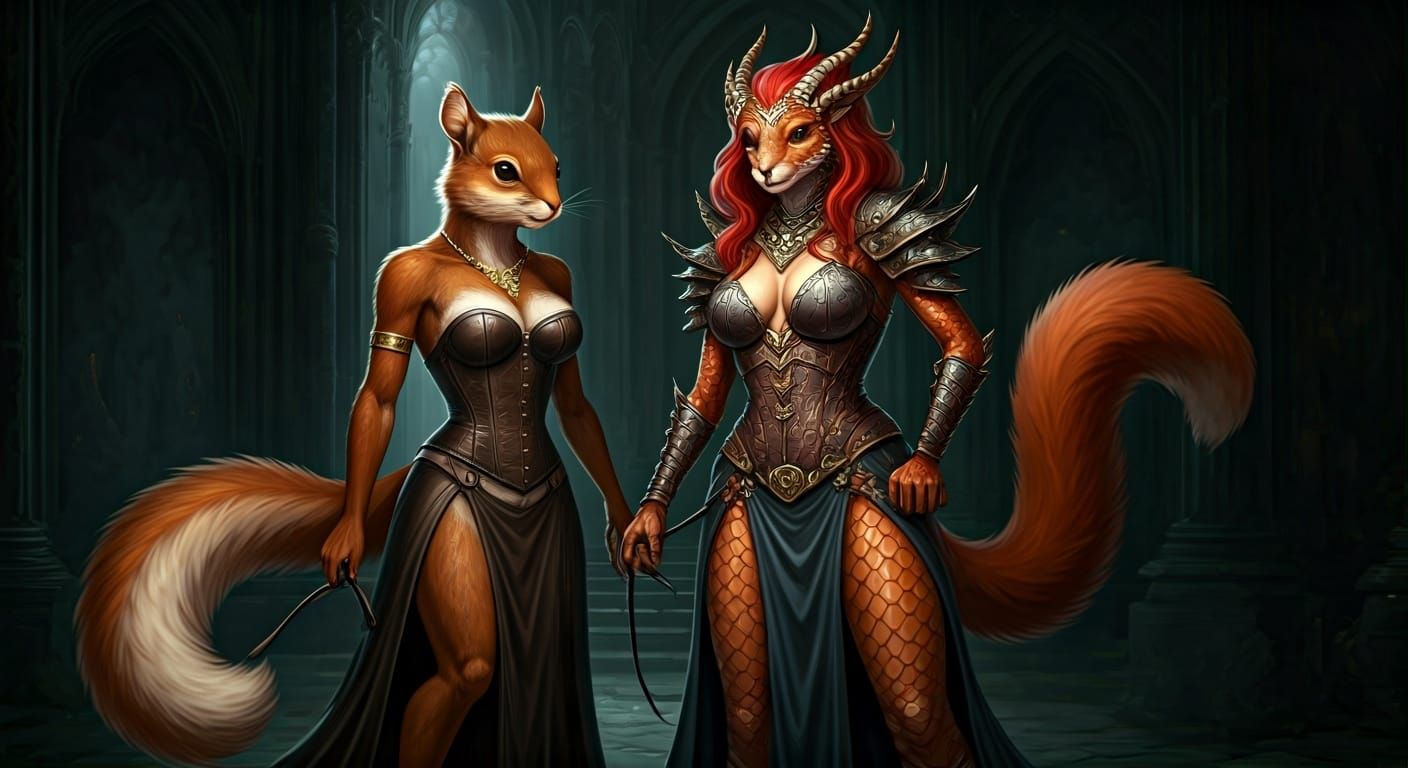 Squirrel-Woman Teasing Dragonborn in Fantasy Realm