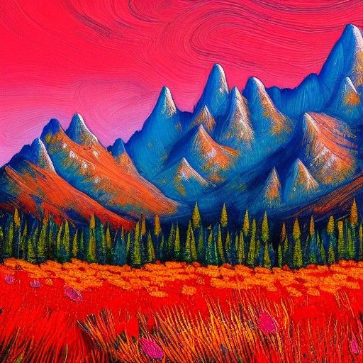 Mountains Covered in Red Flowers, Expressionist Painting