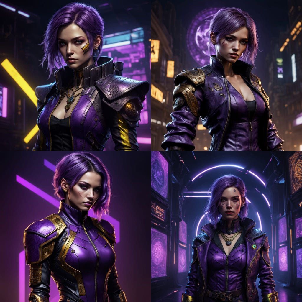 Cyberpunk Sorceress in Vibrant Purple and Gold