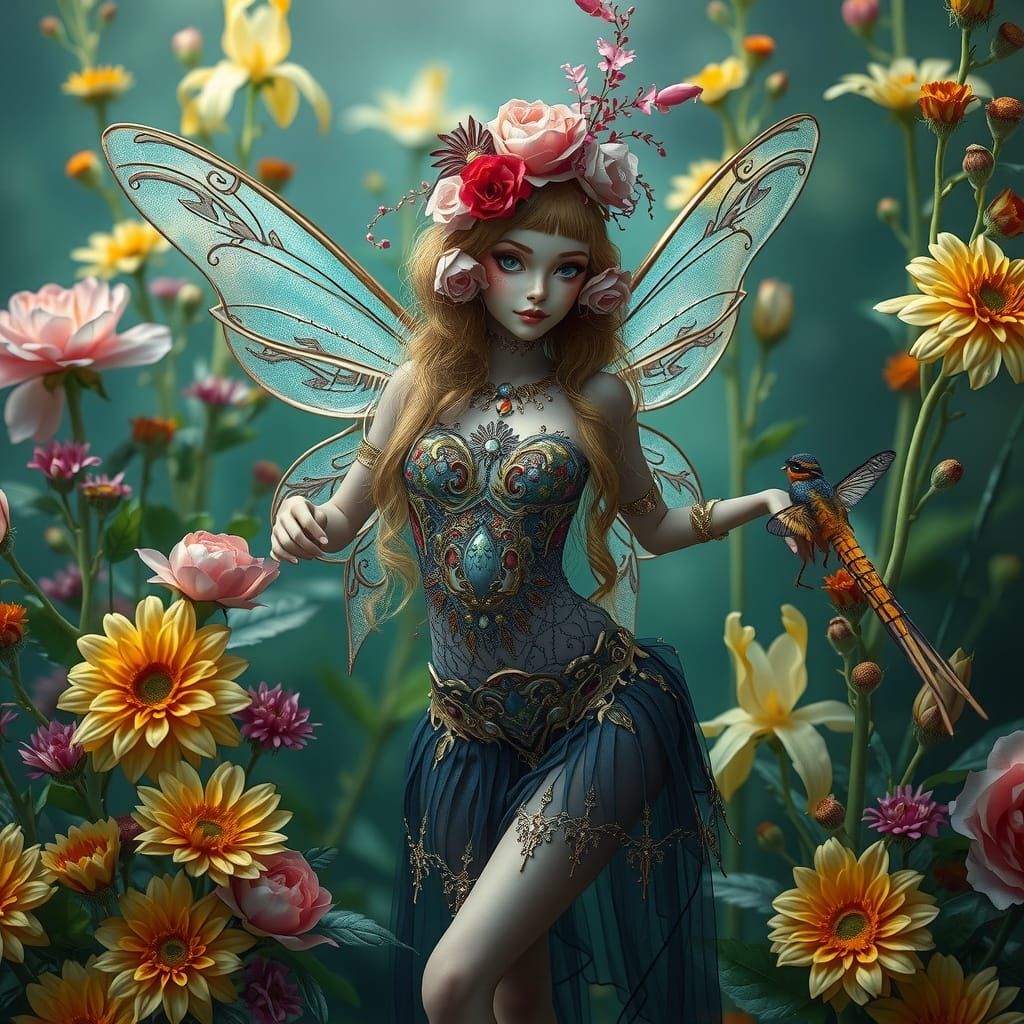High-Fashion Fairy in Floral Setting: Hyperrealistic Illustr...