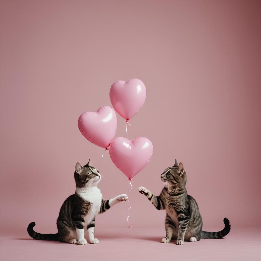 Cinematic Cats with Heart Balloon on Pink
