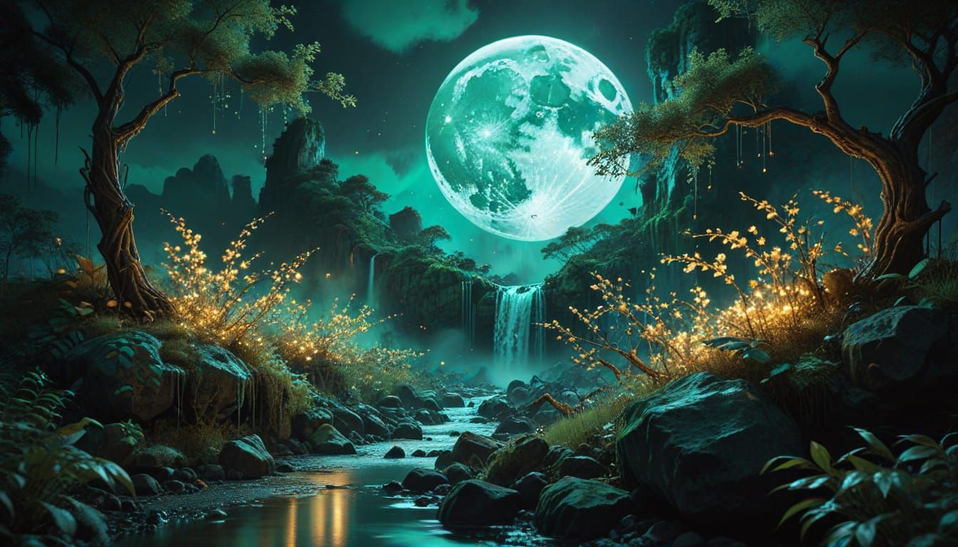 Ethereal Lunar Landscape in Jade and Gold