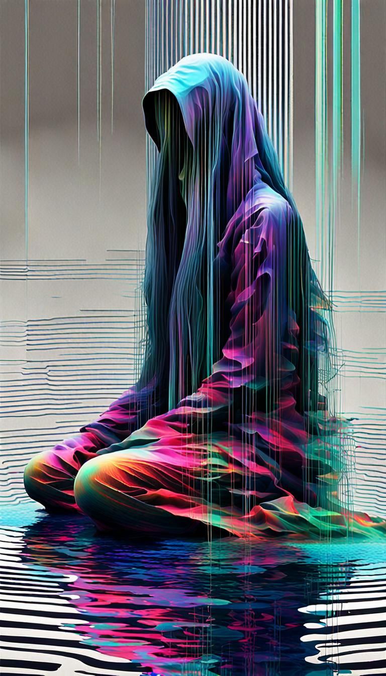 Glitch Art: Veiled Woman by a Stream at Sunset