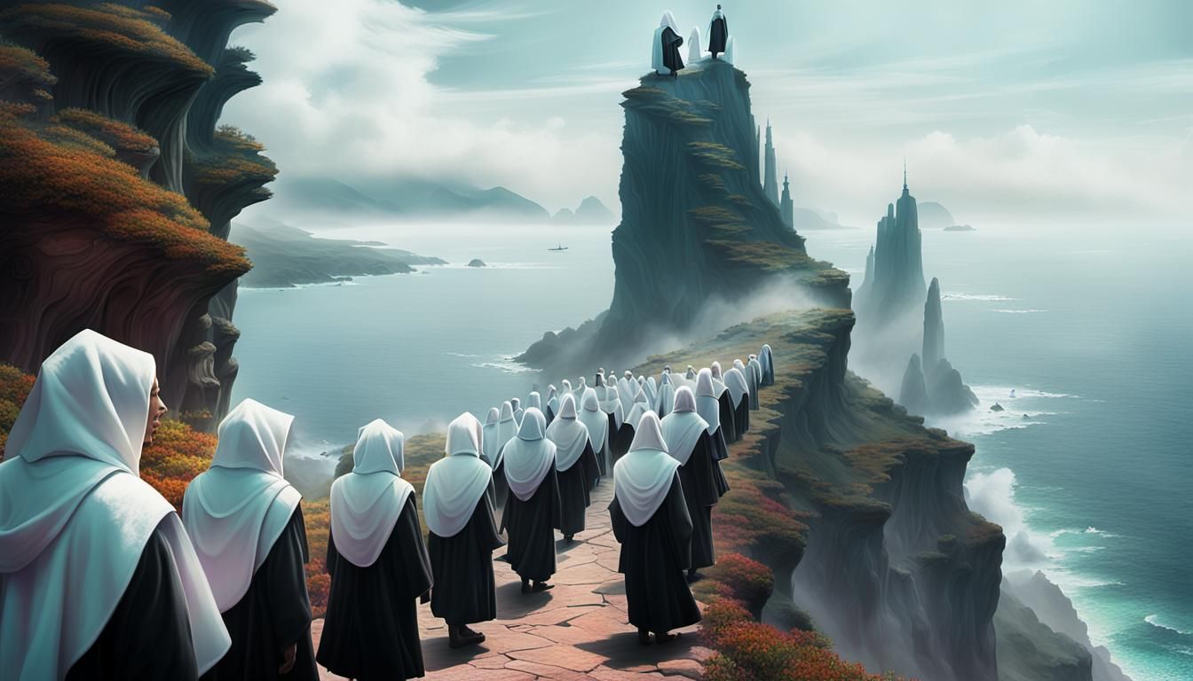 Surreal Monks Parade to Giant iPhone on Cliff