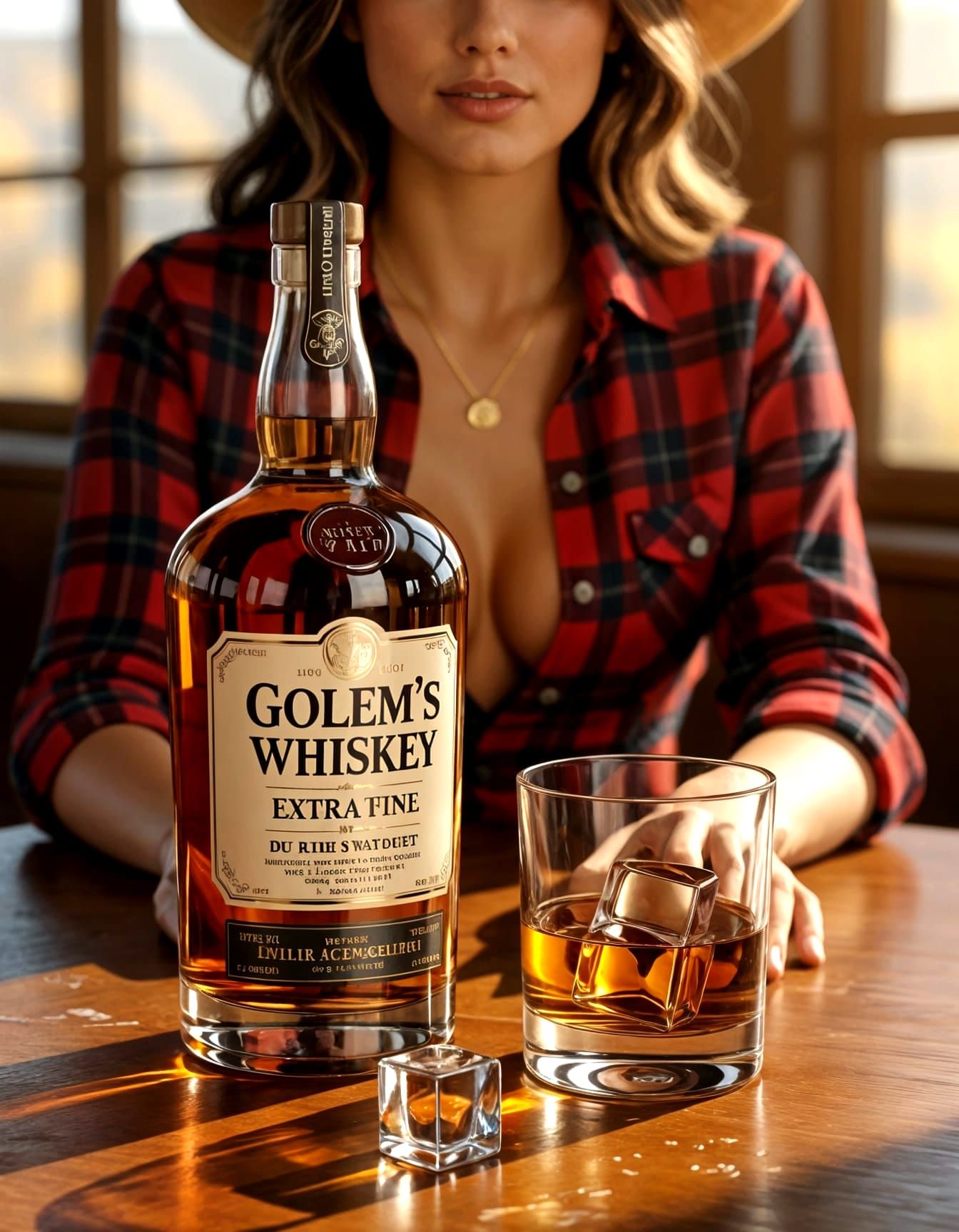 Realistic Whiskey Still Life with Cowgirl in Background