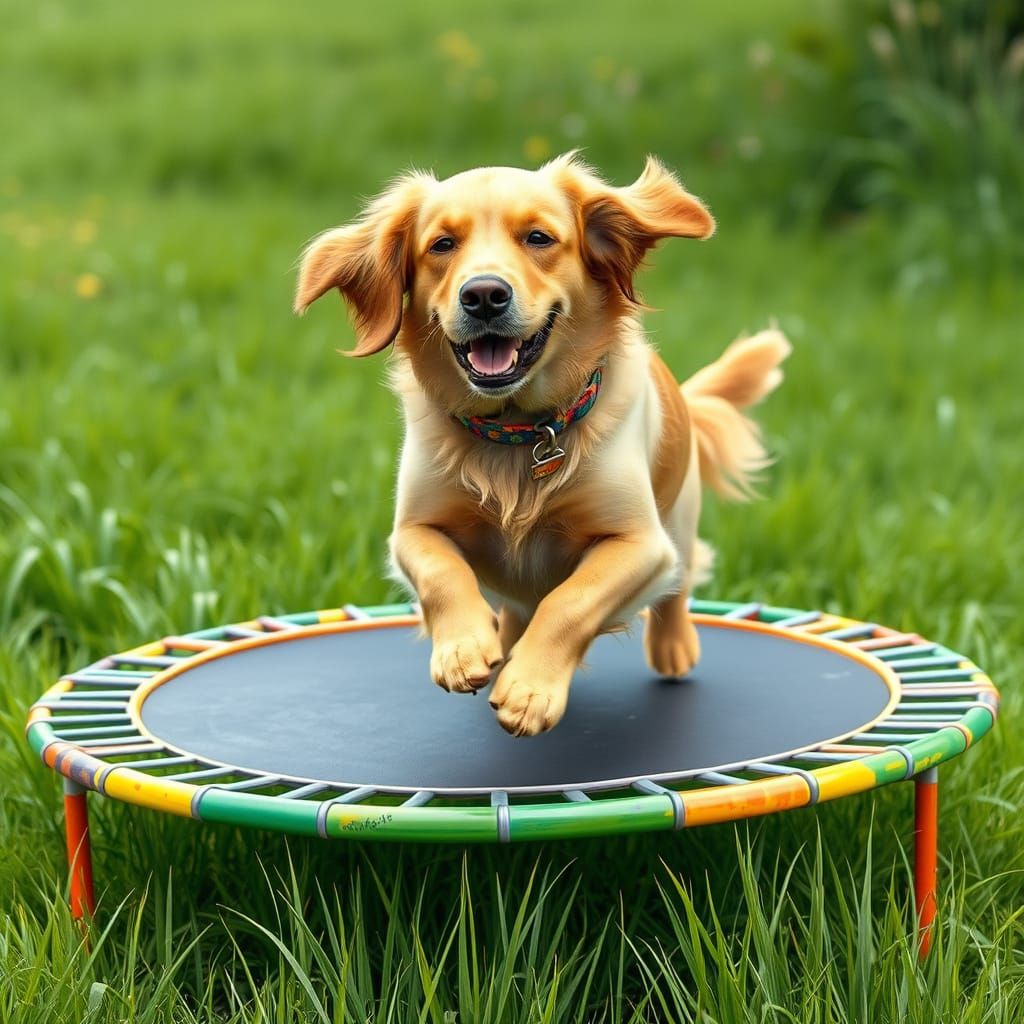 Golden Retriever Bounces on Whimsical Trampoline