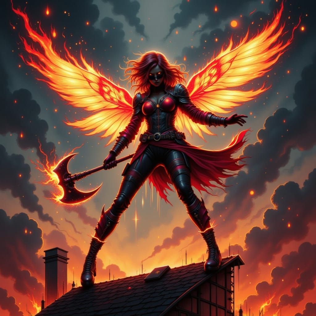 Cyberpunk Fairy Leaps with Flaming Axe