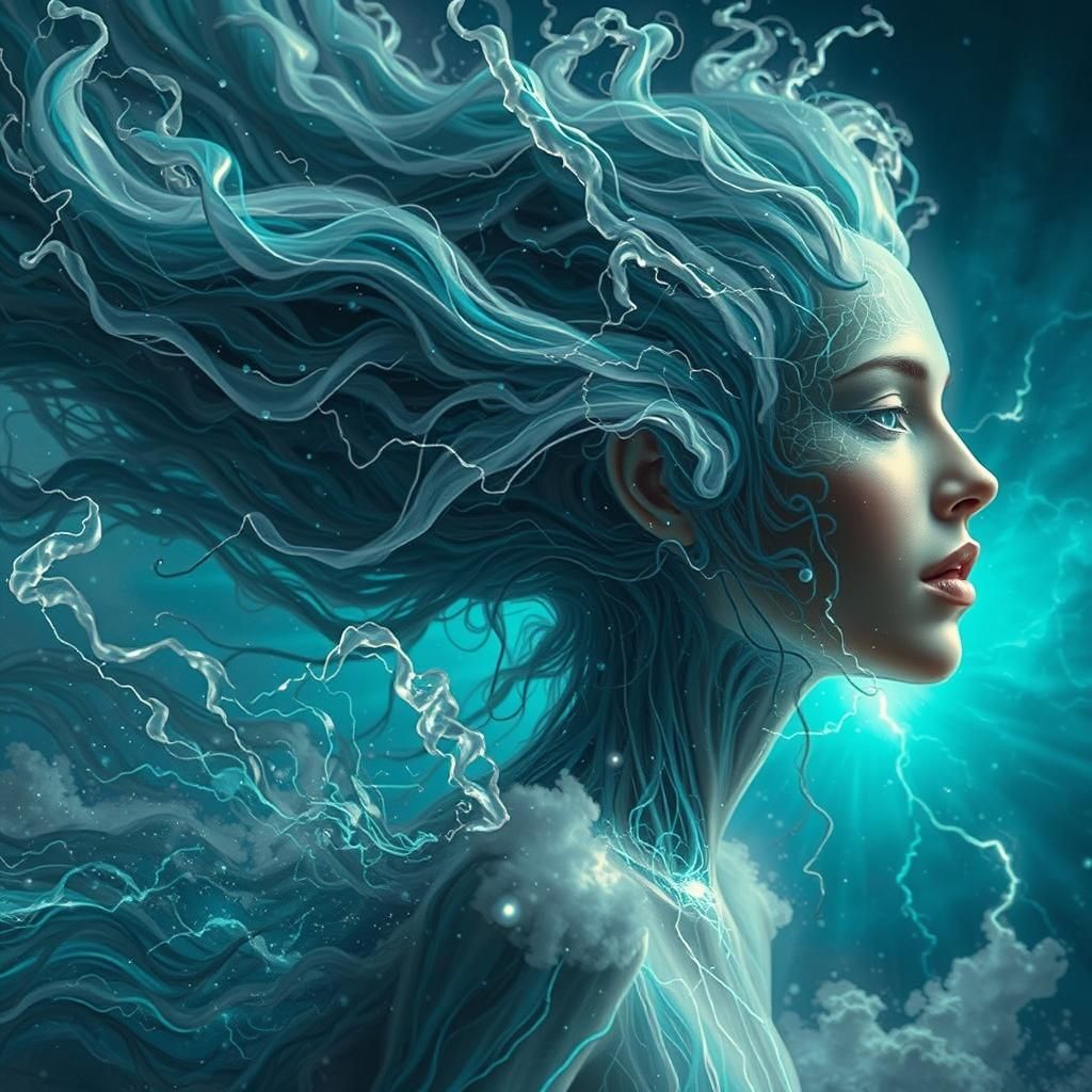 Ethereal Light Being Soaring Through Stormy Clouds