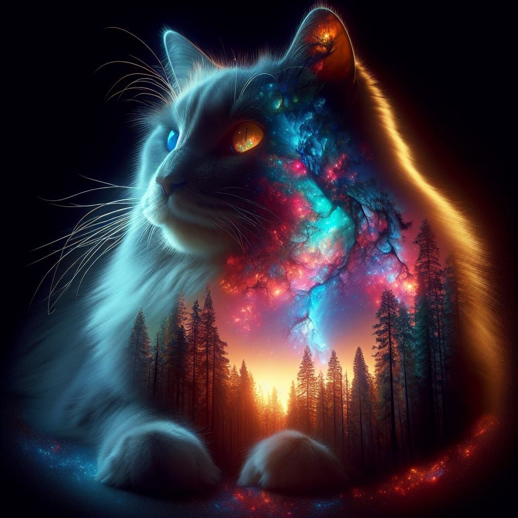Cat with Nebula Forest: Double Exposure Concept Art