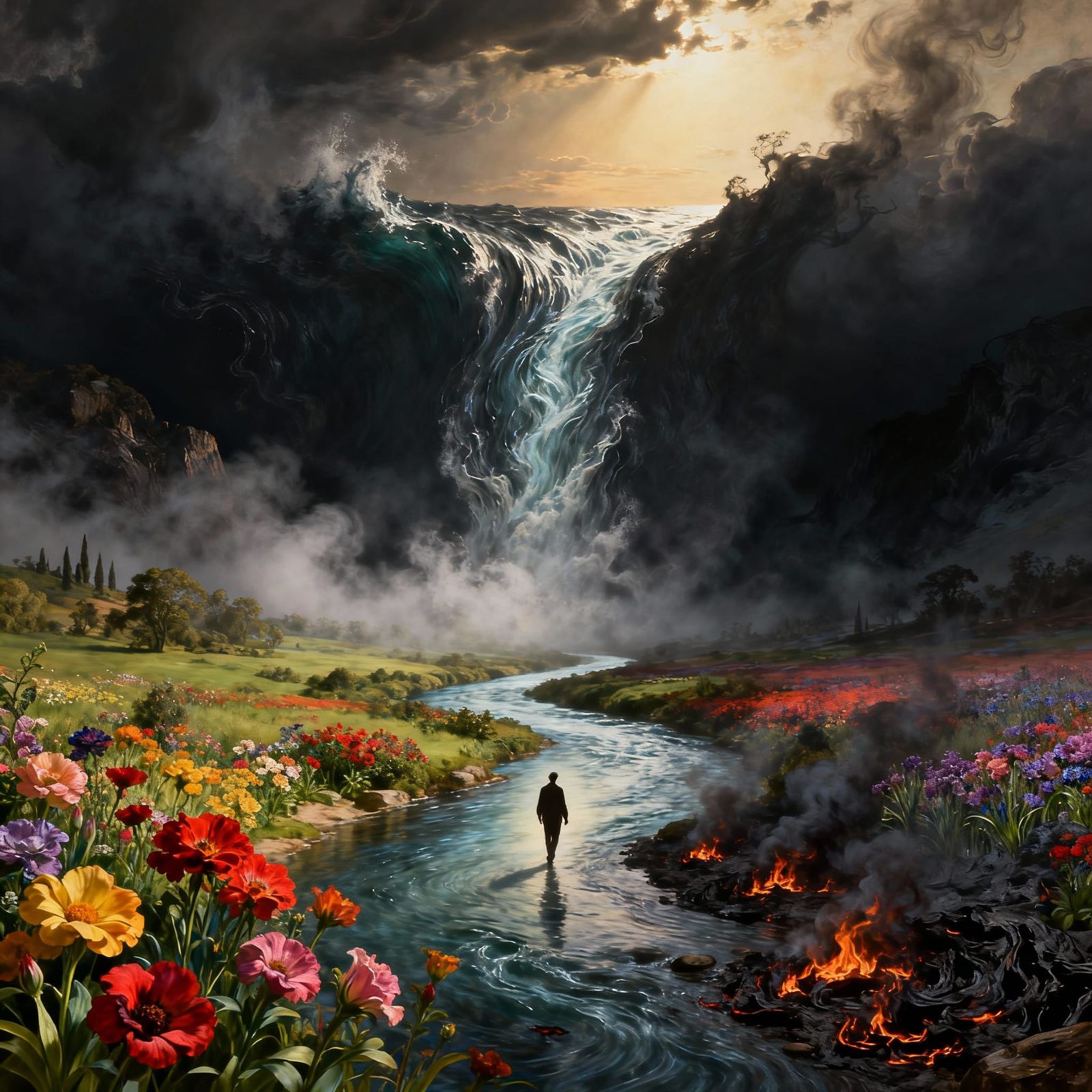 Surreal Landscape Merging Paradise and Shadow Realms