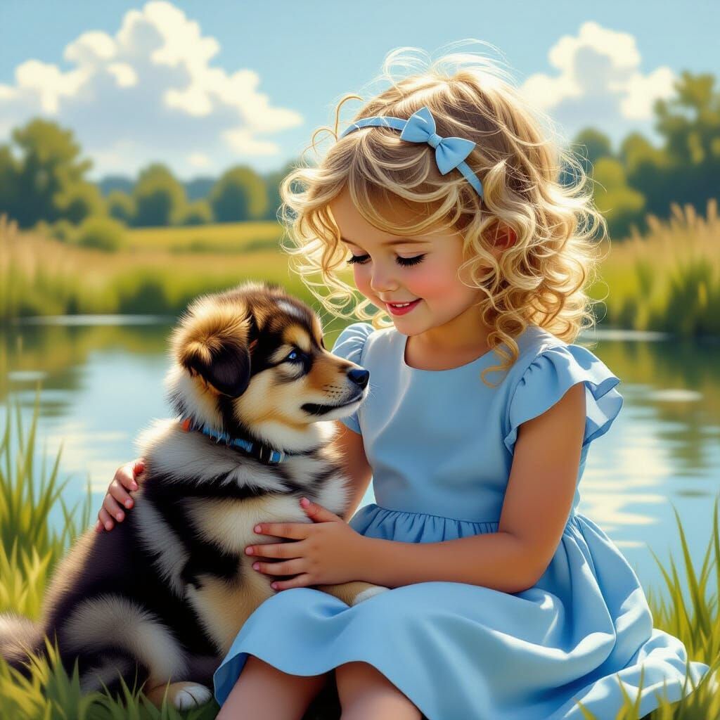 Girl with Puppy by Pond: Hyper-Realistic Image
