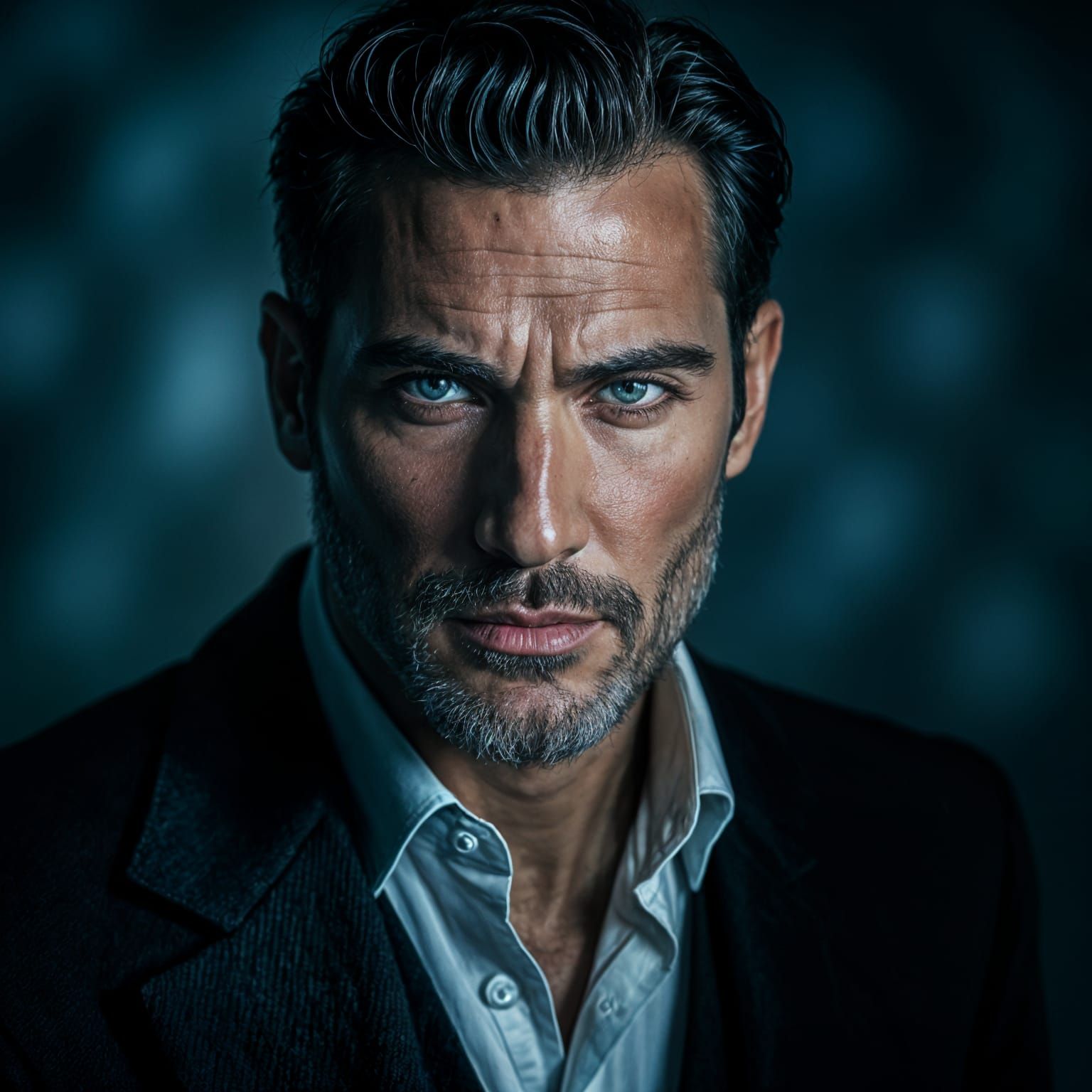 Man with Mysterious Face and Intense Gaze