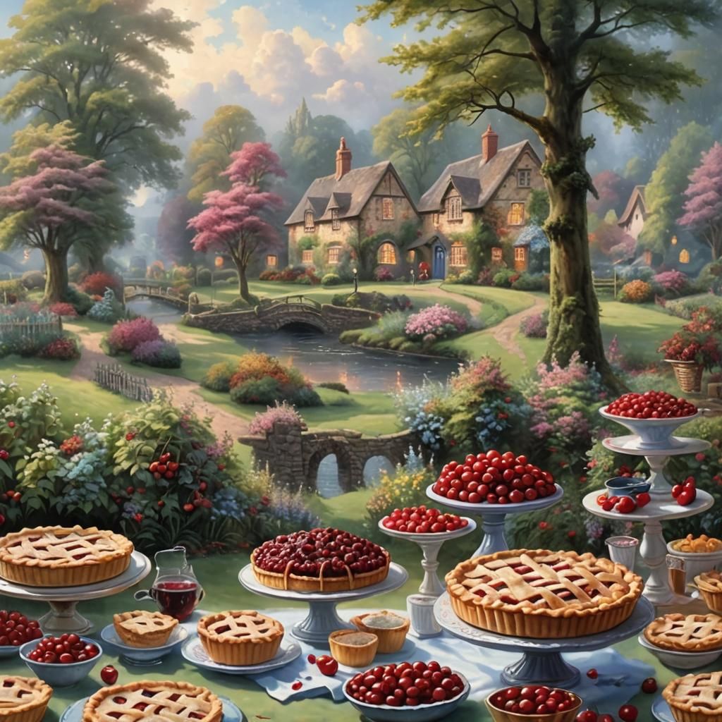 Ethereal Cherry Pie in Thomas Kinkade Style