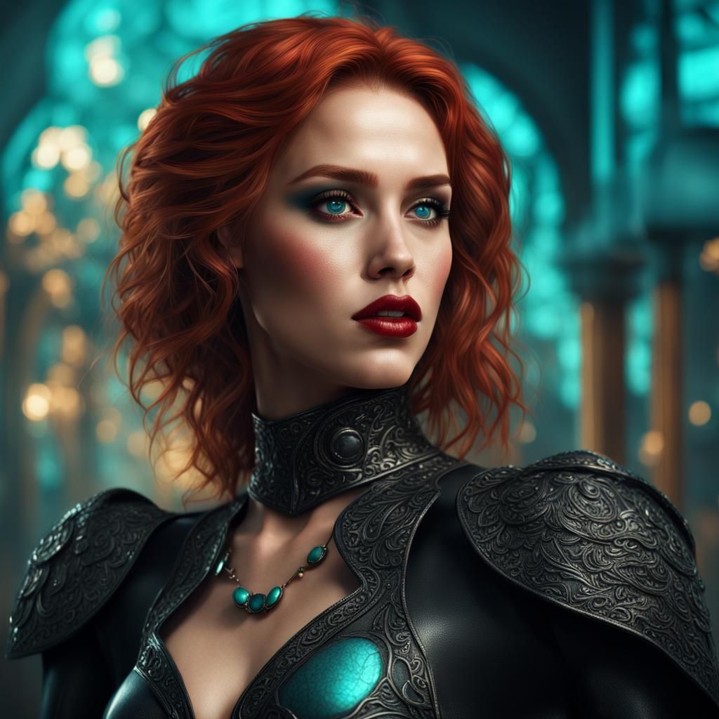Redhead Woman in Black Outfit: Detailed Matte Painting