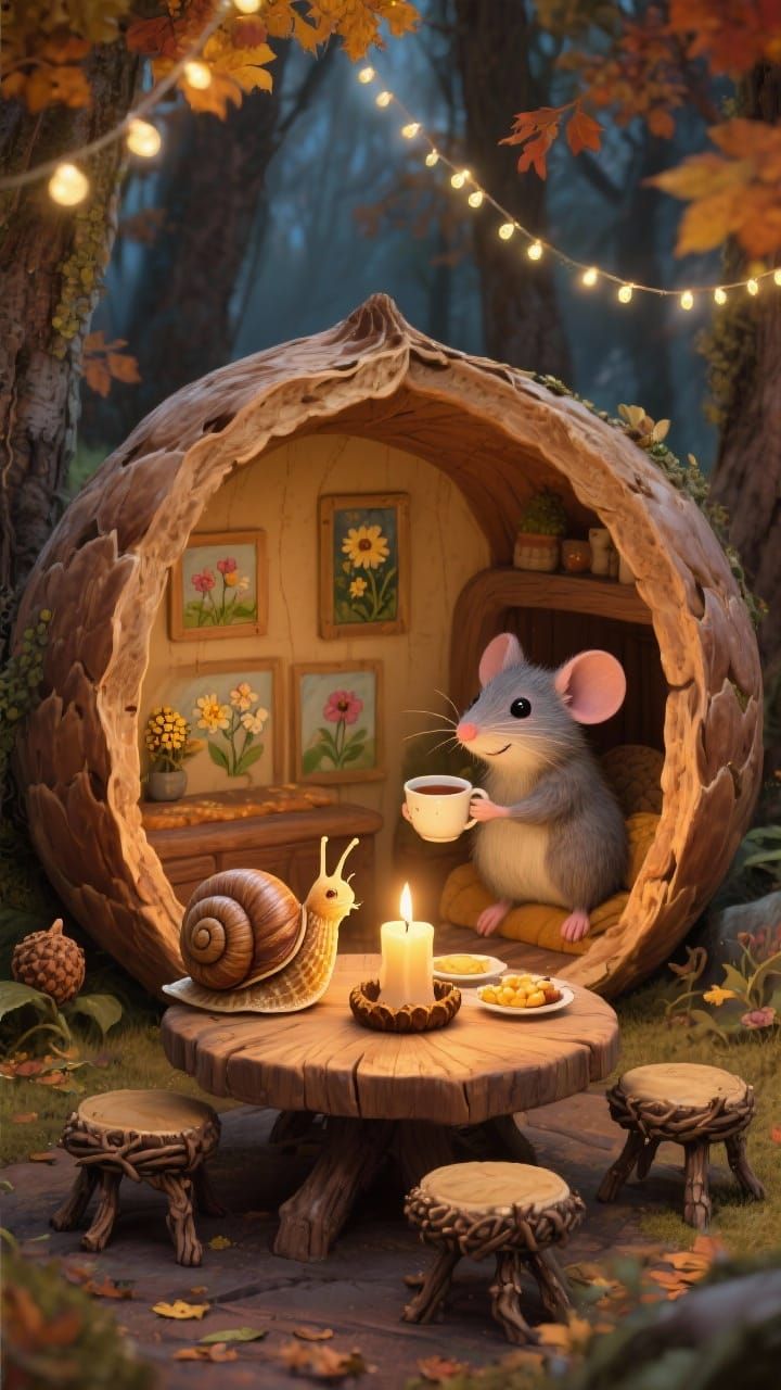 Mouse Serves Tea to Snail in Cozy Nutshell Home