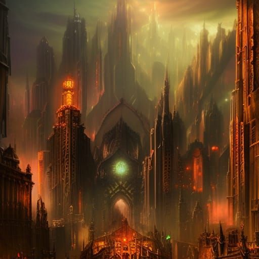 Warhammer Cityscape with Dragon in Fantasy Art Style