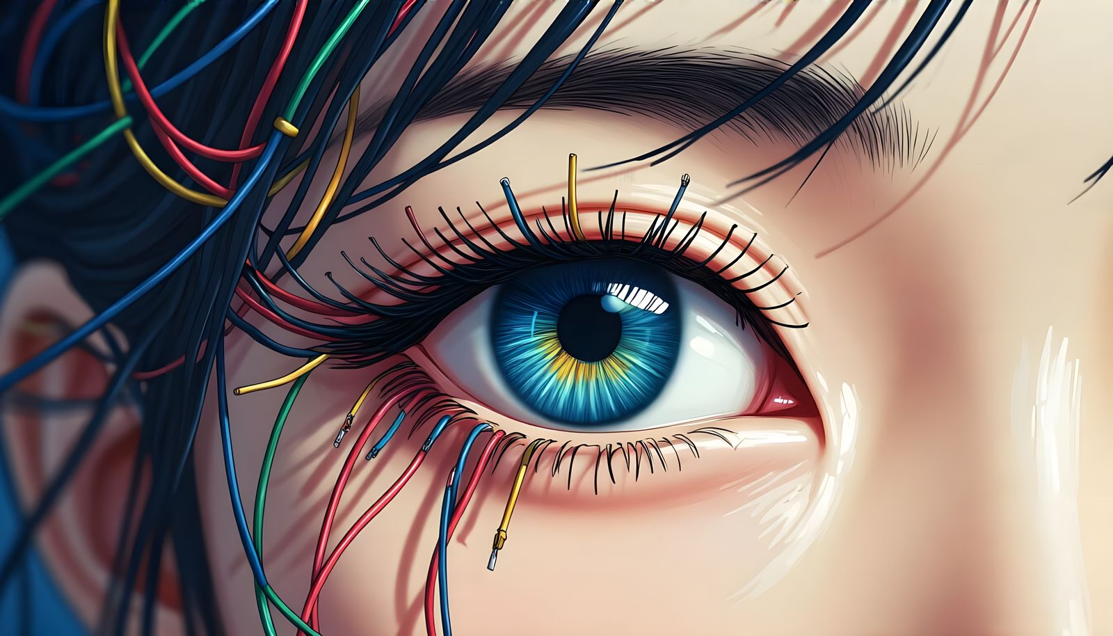 Asian Woman's Eye Made of Colorful Wires in Anime Style